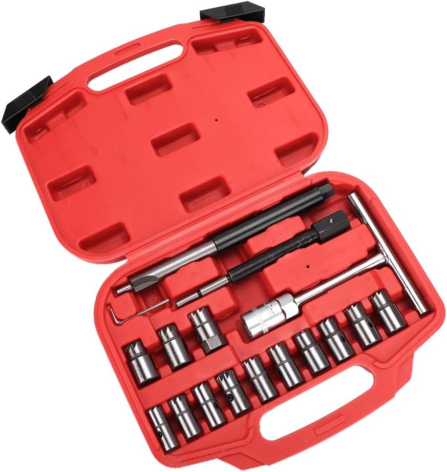 Diesel Injector Seat Cutter 17Pcs Seat Cutter Diesel Injector Set T Handle Angled Reamer Universal Injector Re Face Reamer Tool for Engines Motor Diesel Injector Set