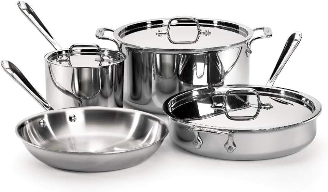 All-Clad D3 3-Ply Stainless Steel Cookware Set 7 Piece Induction Oven Broiler Safe 600F Pots and Pans, Cookware Silver
