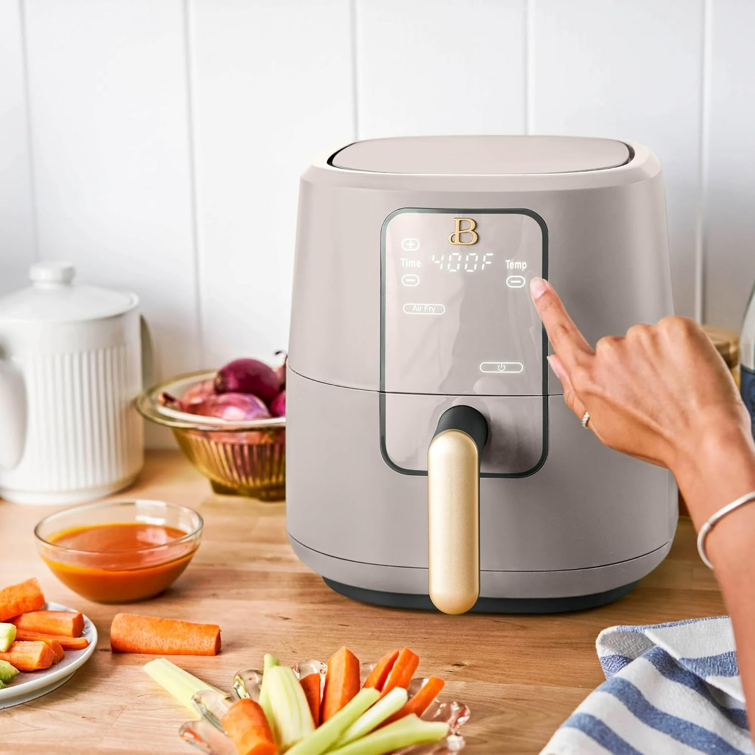 Beautiful 3 Qt Digital Air Fryer with TurboCrisp | 4-in-1 Air Fry Bake Roast Reheat | Touch-Activated Display | Non-Stick & Dishwasher-Safe | 1200 W Compact Countertop Cooker (Porcini Taupe)