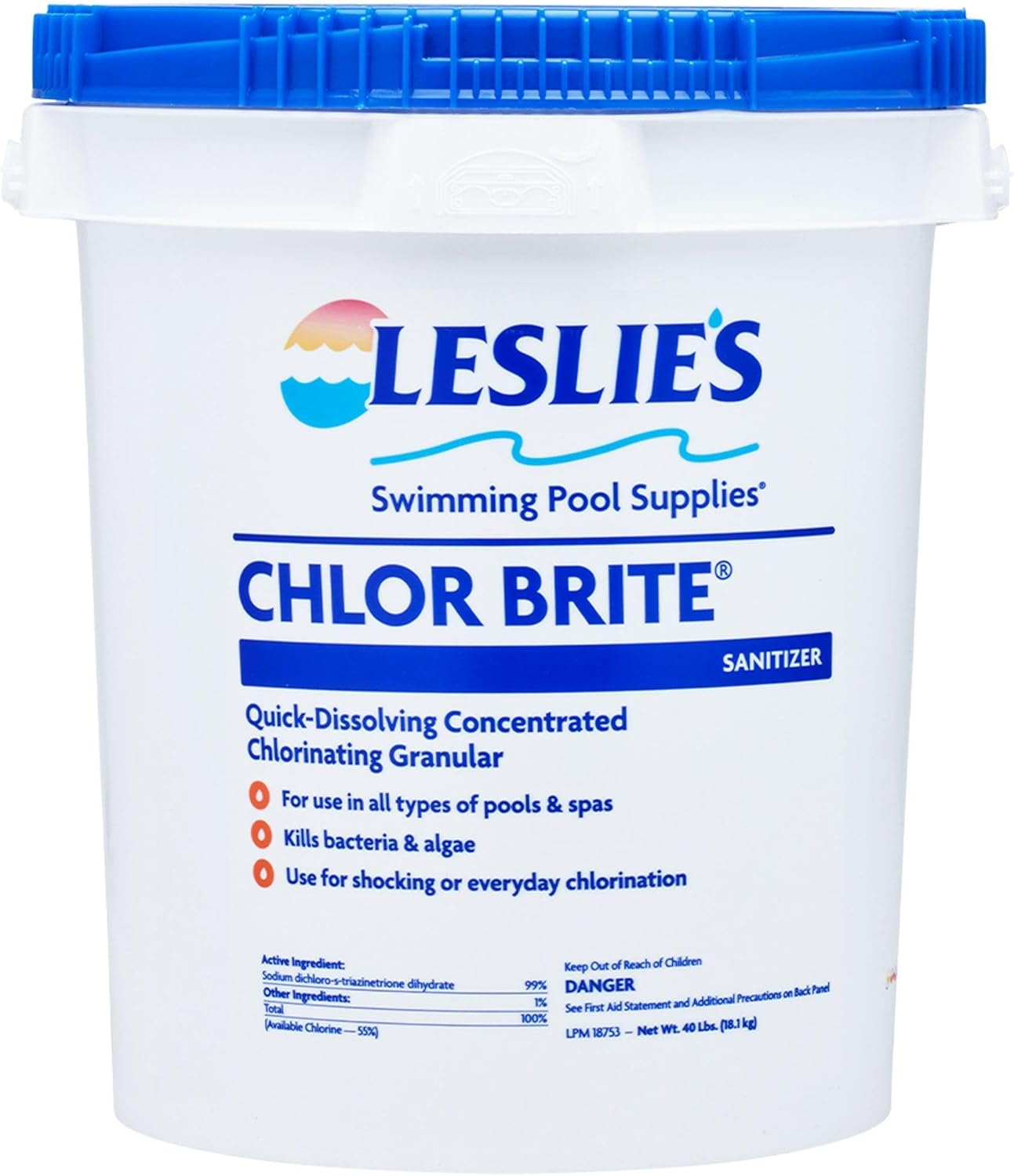 Leslie's Chlor Brite Swimming Pool Sodium Granular Chlorine – 99% Sodium Dichlor Sanitizer for Crystal Clear Water – Defends Against Bacteria, Algae, and Microorganisms - 40 Pound