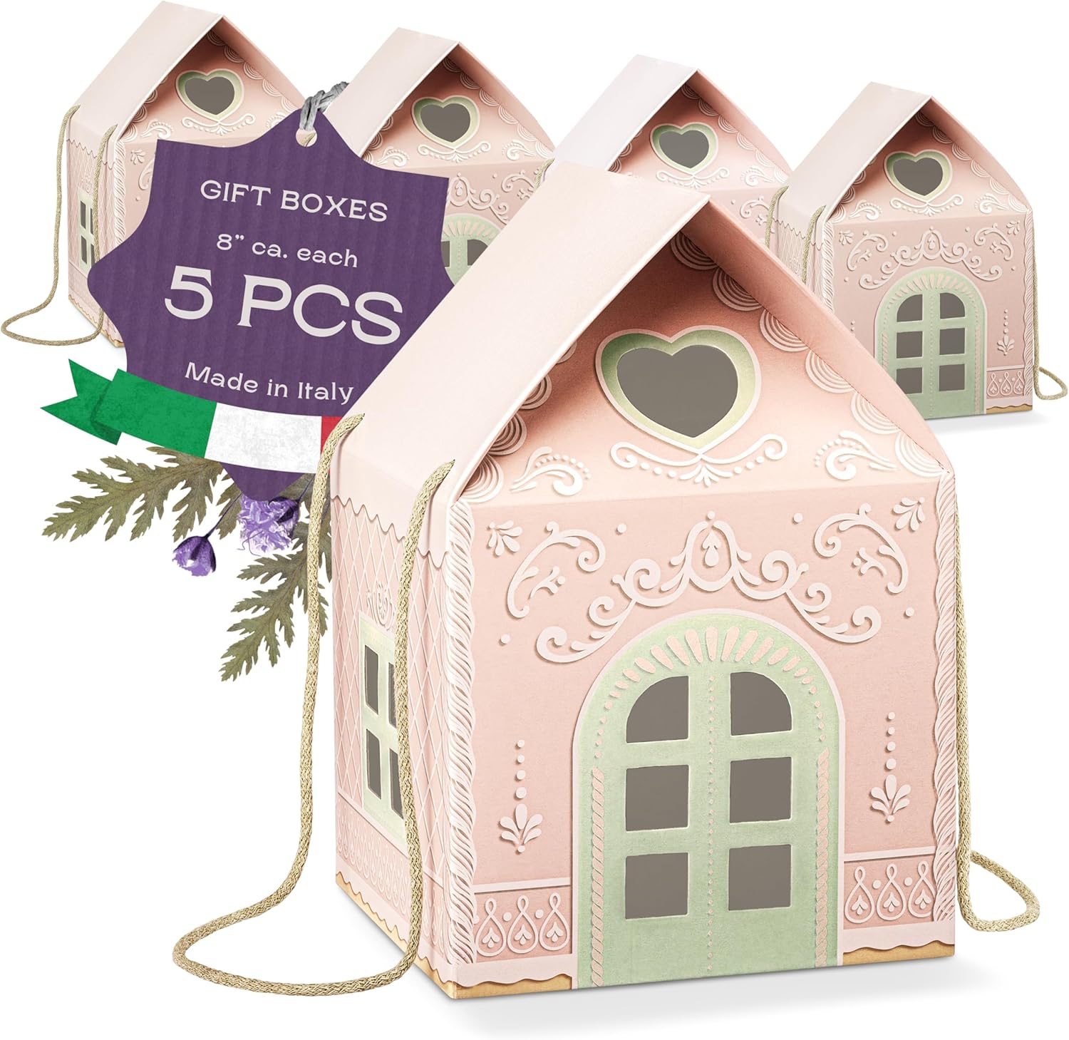 Pack of 5 House Shaped Gift Boxes (7.87 x 7.87 x 7.08 inch) - Mansion Ideal for Presents and for Treats - Red Christmas
