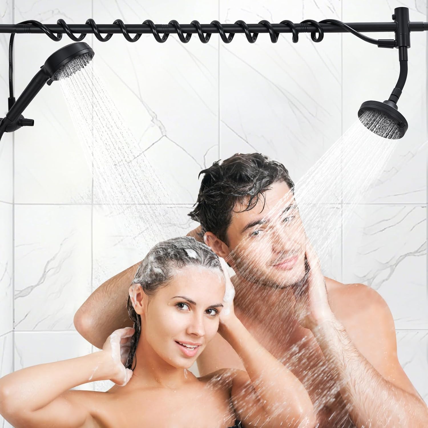 Garvee Dual Shower Head for Couples with Handheld, Tandem Shower System Featuring 6-Spray Modes Handheld & 360° Adjustable Rainfall Showerhead, Easy Install for Two People Bathroom (Black)