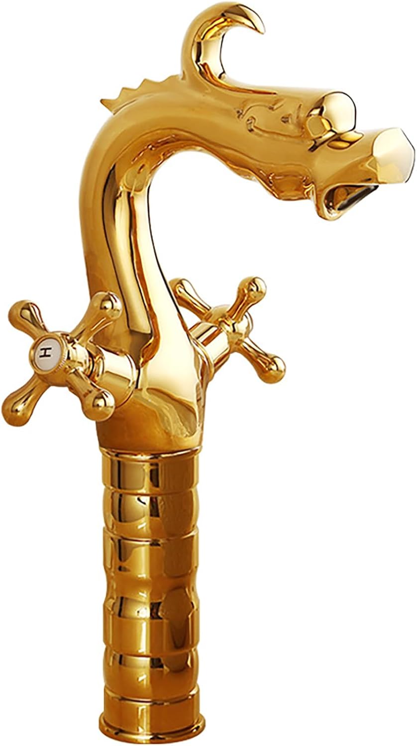 Dragon Bathroom Faucet Antique Vintage Brass Basin Mixer Tap Dual Handle Deck Mount Sink Faucet for Bathroom Vanity Vessel Sink Lavatory Decorative Luxury Design Gold 12.9in