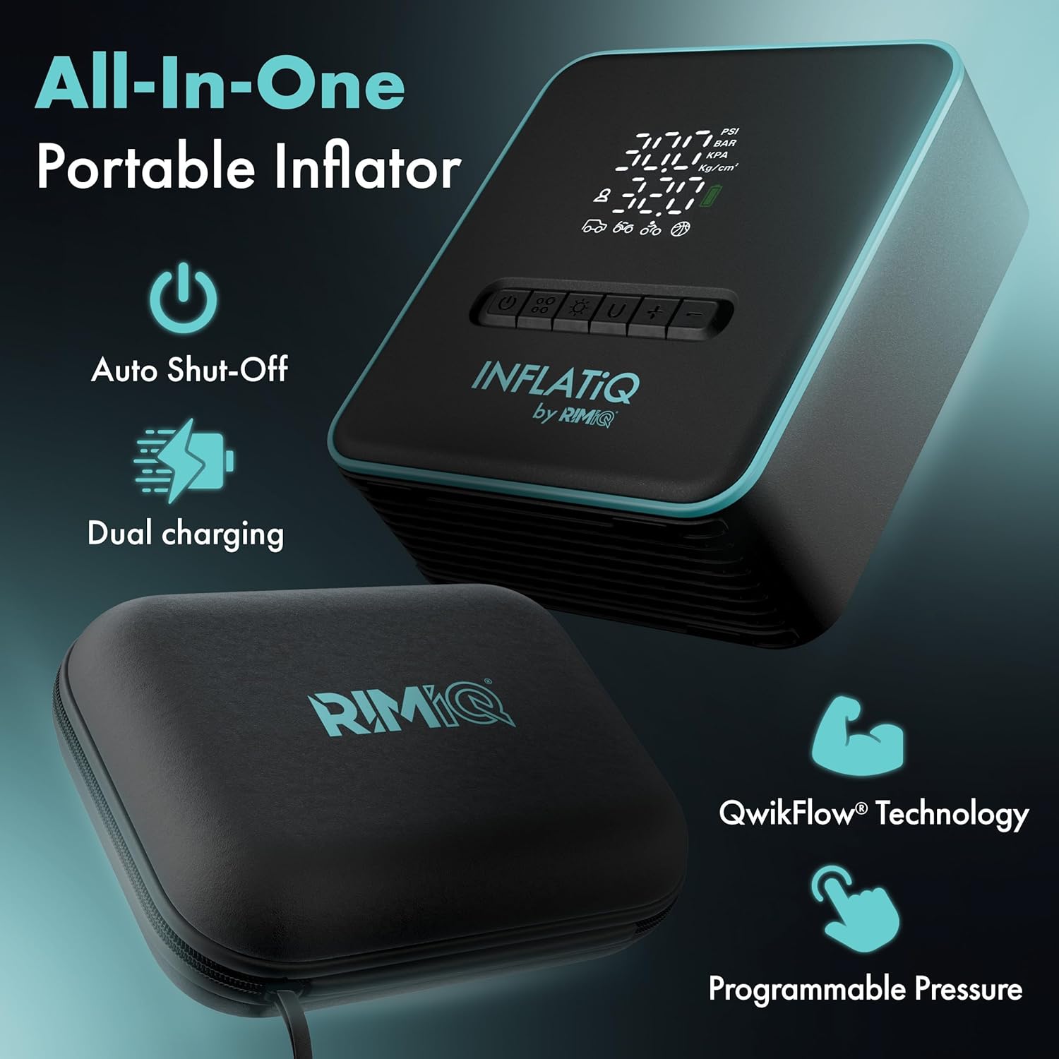 INFLATiQ by RIMiQ Tire Inflator - Powerful, Award-Winning QWIKFLOW Technology with 2 Portable Power Options Included - Strong Vehicle Air Pump for Trucks, Cars, Motorcycles, Bicycles, Balls and More