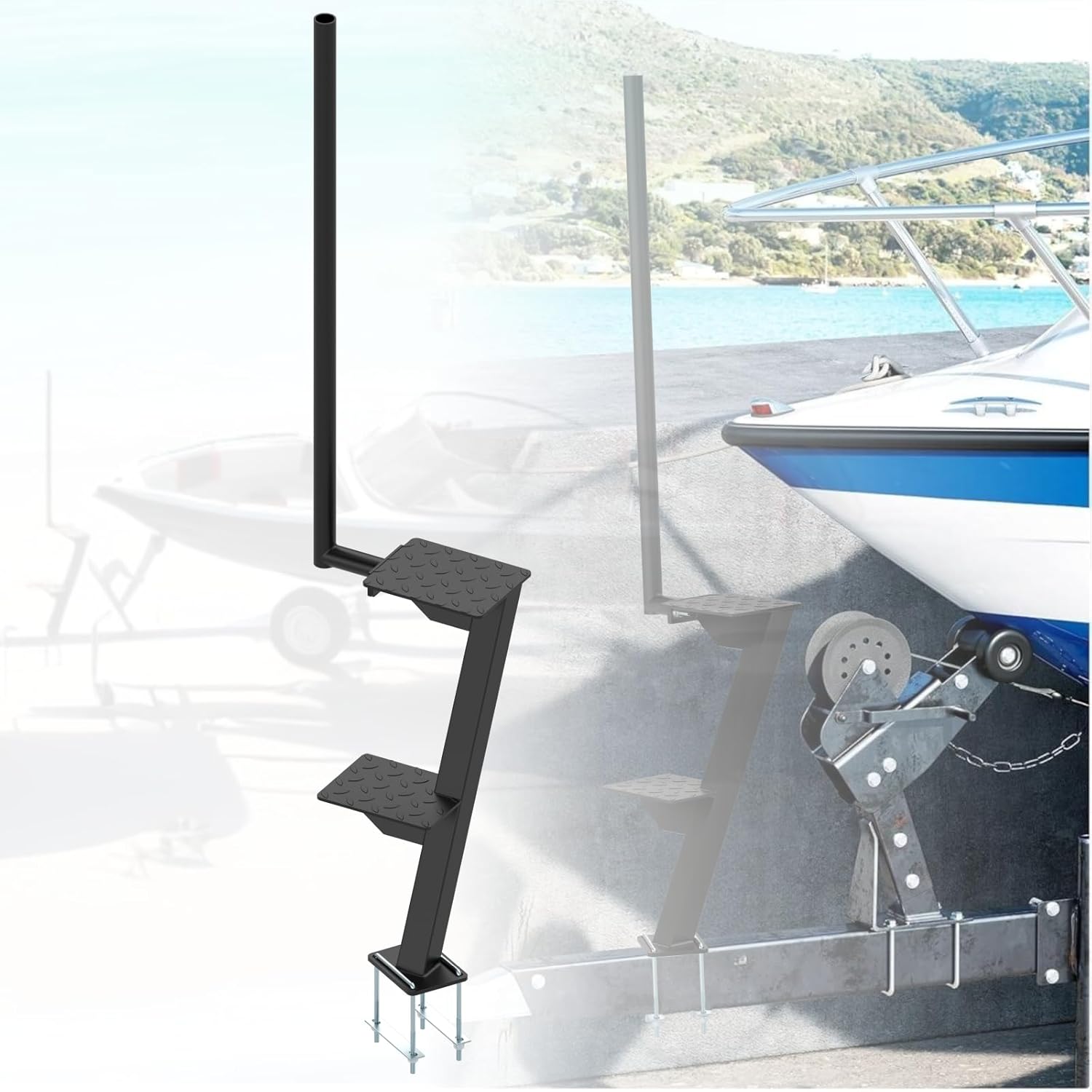 Boat Trailer Steps - 2-Step Adjustable Boarding Ladder with Safety Grab Handle | Rust-Resistant Coating | Heavy Duty & Quick-Install for Tongue