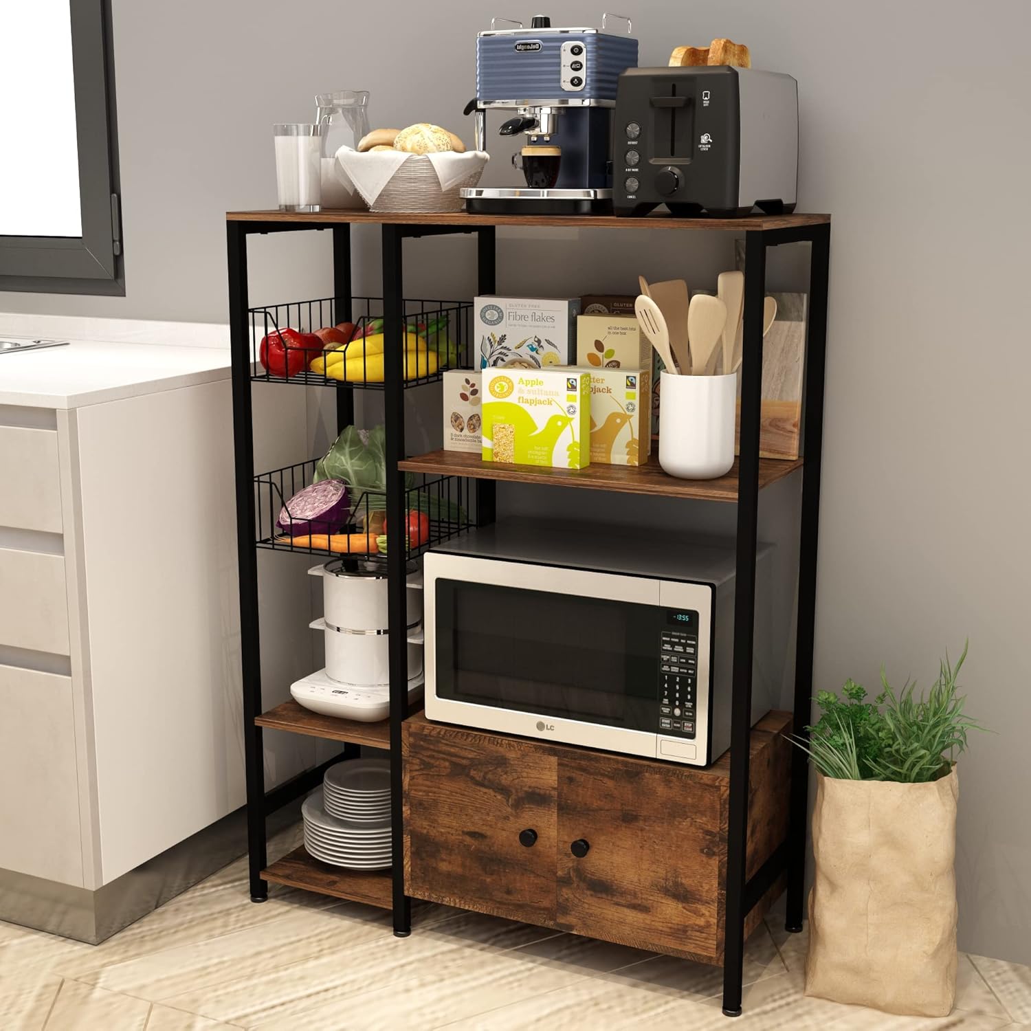 5-Tier Kitchen Bakers Rack,Microwave Oven Stand with Shelves,Utility Storage Shelf with Hutch,Free Standing Kitchen Rack Organizer