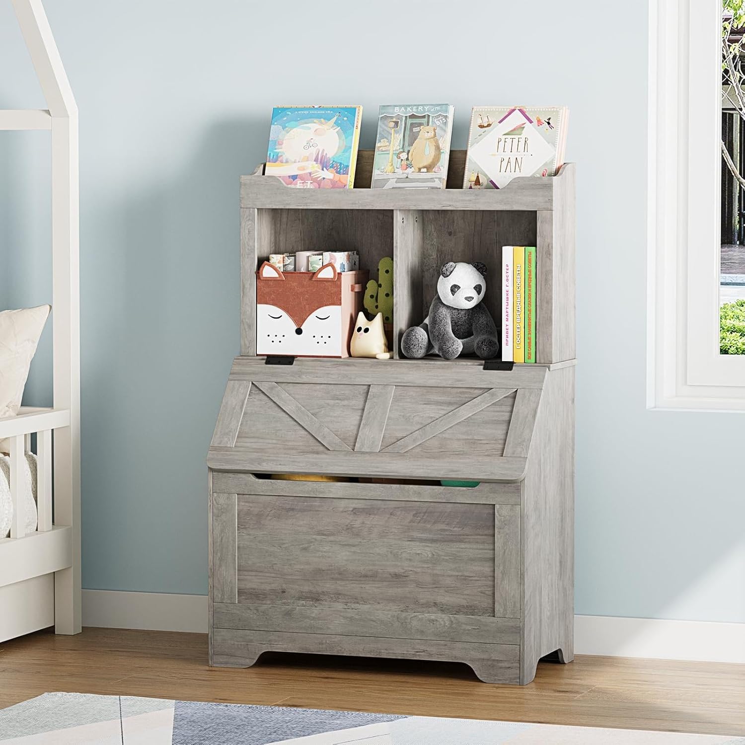 Spacious 3-tier Wooden Kids Bookcase and Toy Storage Organizer with Flip-Top Lid, Versatile Design for Playroom, Bedroom, Nursery, and Kindergarten - Child-Friendly Toy Chest Organizer