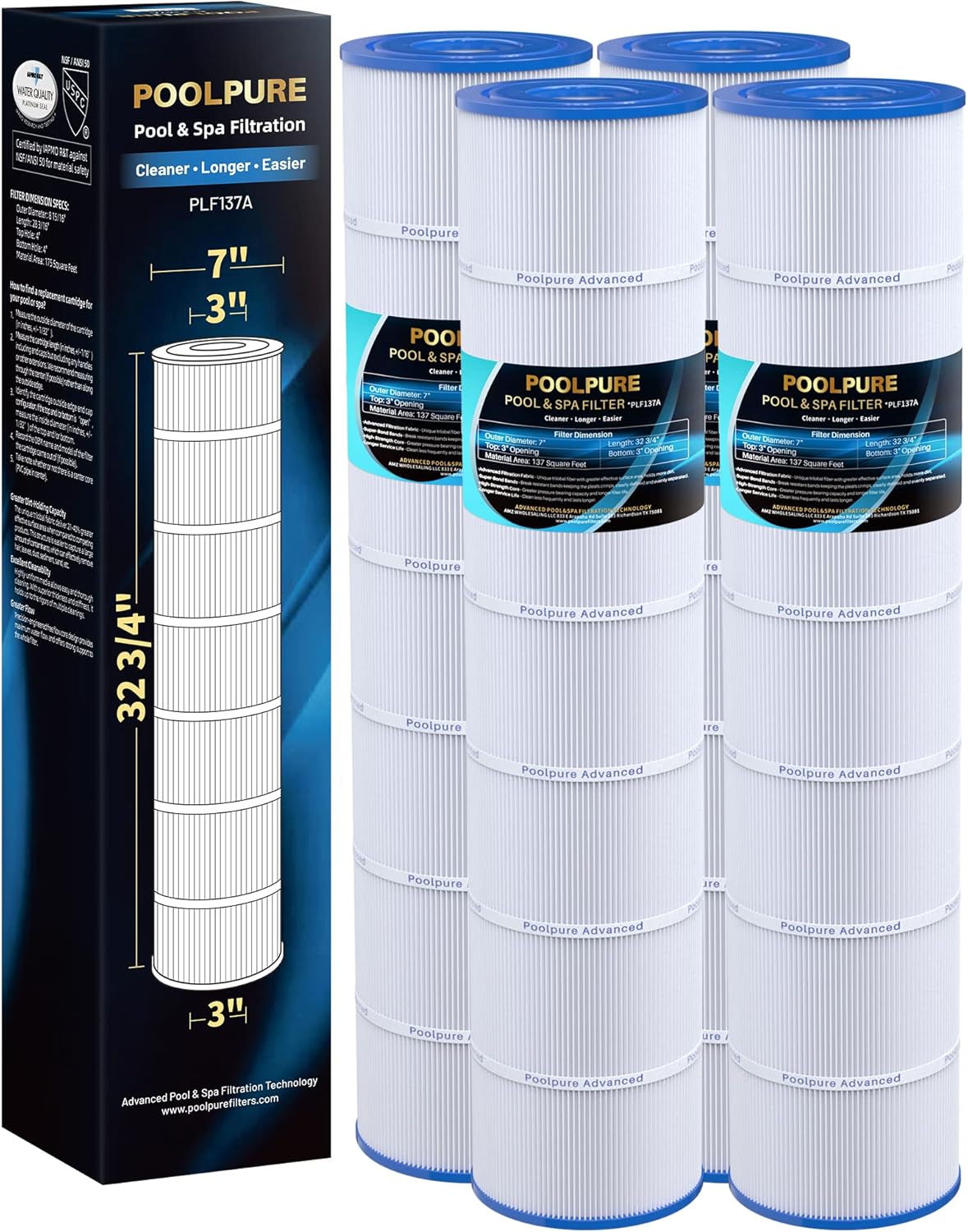 POOLPURE PLF137A Pool Filter Replaces PA137, Unicel C-7490, Filbur FC-1297,FC-6455, Hayward CX1380-RE, C-5500, C5520, SD-00368, APCC7251, 17-175-1339, 137 Sq.ft, Length: 32 3/4