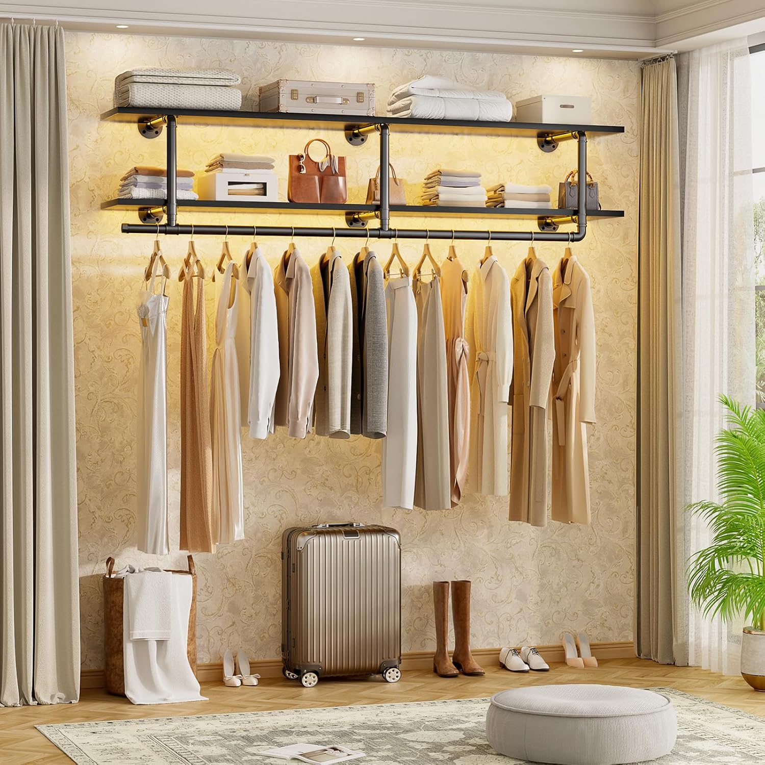 Aheaplus Industrial Pipe Clothes Rack with Top Shelf, 73In Space-Saving Wall Mounted Clothing Rack, 2 Tiers Heavy Duty Pipe Clothing Shelves with Hanging Rod for Laundry Room, Closet, Rustic Brown