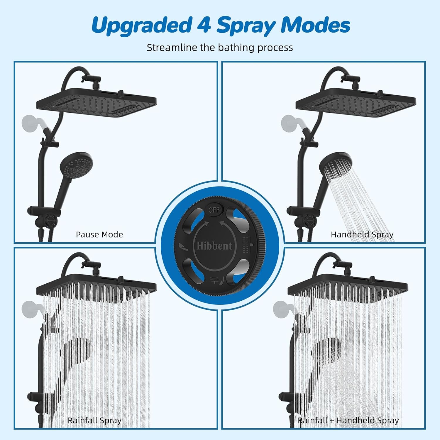 Hibbent Upgraded 13'' Shower Head Combo, High Pressure 5 Spray Rainfall Showerhead, 10 Spray Mode Handheld, All Metal Easy Reach 4-way Diverter Shower Arm with Pause Mode, 71'' Hose and Holder, Black
