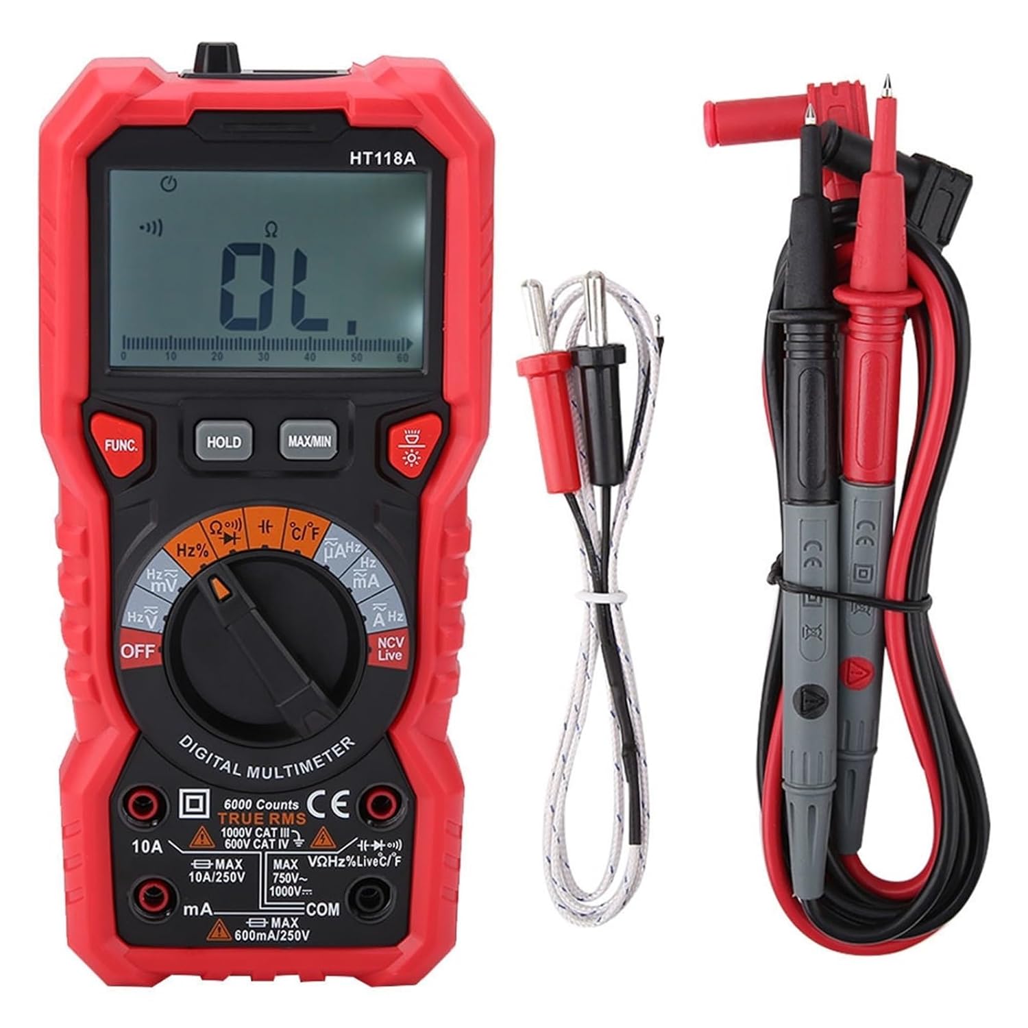 6000 Counts Multimeter HT118A HT118A Handheld Digital Multimeter AC/Volt Amp Ohm Capacitance Hz Temp Tester w/Flashlight