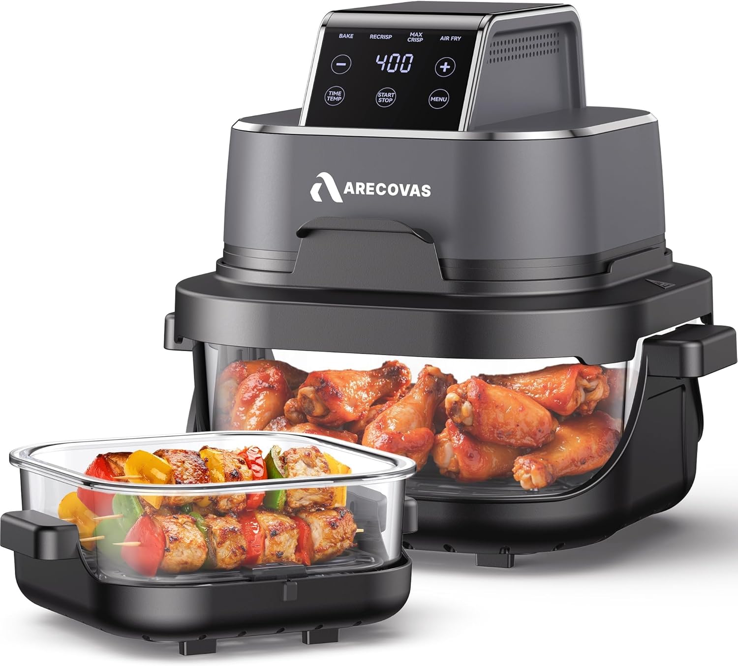 4-in-1 Portable Glass Air Fryer, 140–400°F Precise Heat, Max Crisp Technology, 4.2QT & 1.6QT Dual Containers with Lids, Freezer & Dishwasher Safe, Bake, Recrisp, Air Fry