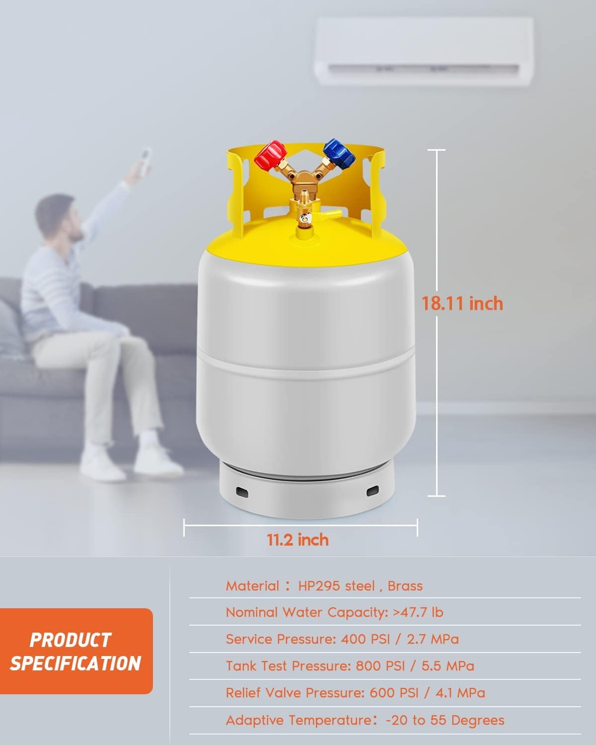 50 LB Recovery Tank, Reusable Reclaim Cylinder Tank 1/4 SAE Y Valve Double Valve HVAC Recovery Tank Large Capacity Gray Yellow Upgraded