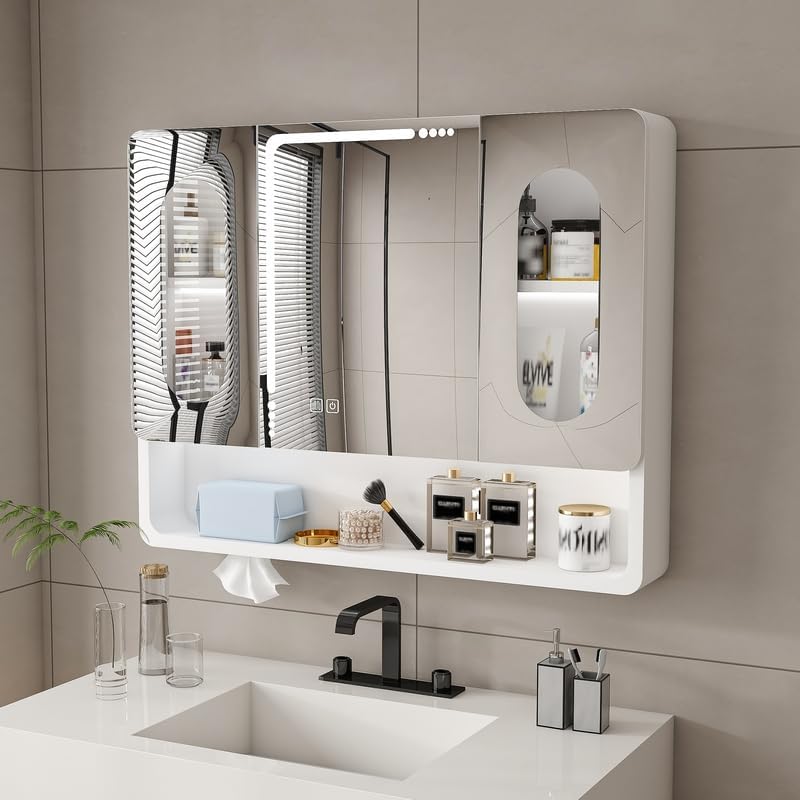 Polibi Wall-Mounted Bathroom Mirror Cabinet with LED Lights, Multi-Functional Bathroom Organizer with 3 Shelves, 5 Hooks & Hidden Mask Rack, Silent Magnetic Doors, White