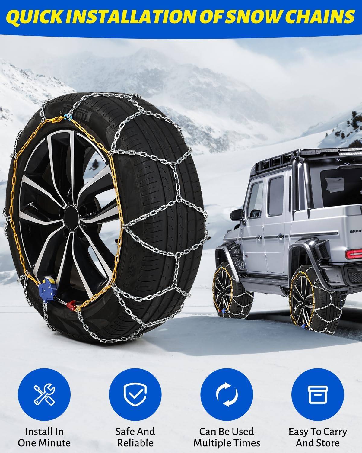 Auto Tightening Snow Chains Tire Chains For Cars Suv Pickup Trucks - Auto Tightening 1 Min Quick Fit AND Easy Installation, Reusable Universal Emergency Traction Snow Chains - Set of 2（HKN140）