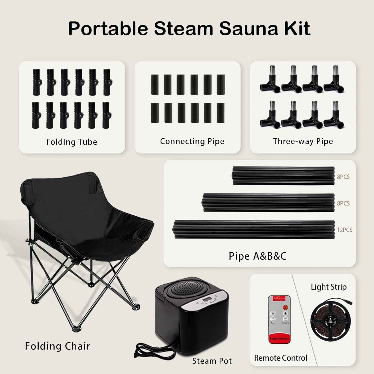PEEKO Red Light Collapsible Fridge Sauna Box for Relaxation,Detoxification,Portable Steam Sauna for Home with XL Steamer,16 Levels, 75”x 40”x40”，Double Doors，Larger Folding Chair, Gym-Black，