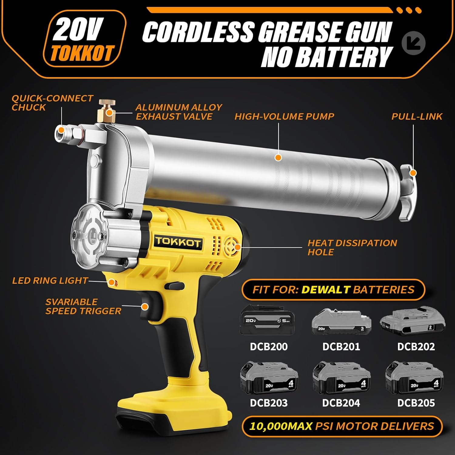 Electric Grease Gun for De/Walt 20V Max Battery (NO Battery) Kit with Bright LED Light,12”Flexible Hose and 6'' Rigid Pipe,Carrying Case,10000 PSI High Pressure Cordless Grease Gun