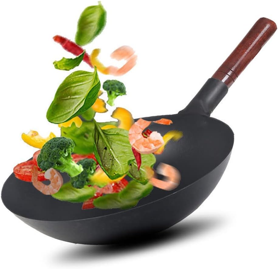 Handmade Traditional Iron Wok,Wooden Handle,Non-coating,Kitchen Cookware Restaurant