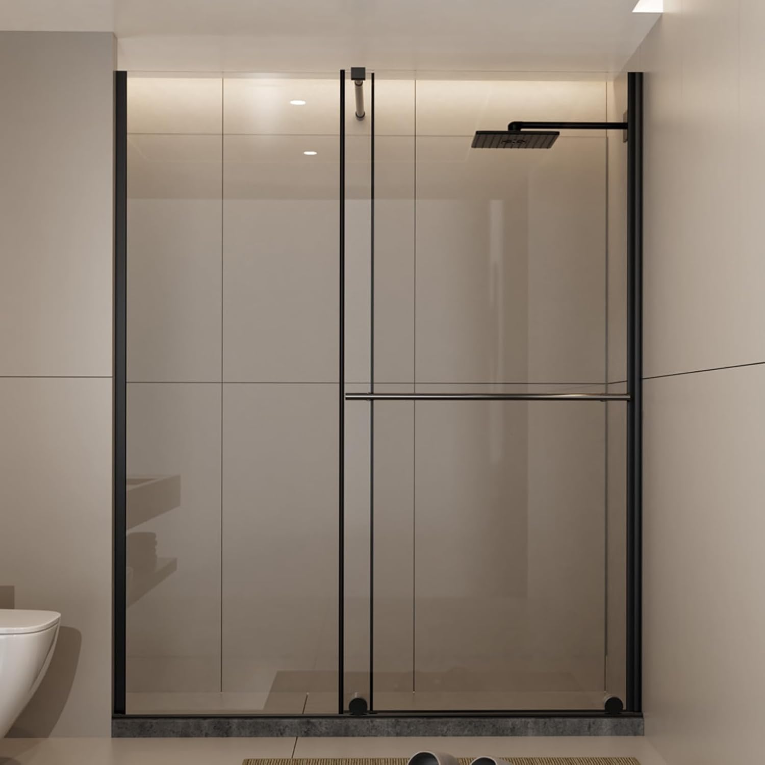 60” W x 72” H Black Shower Glass Door with 1/5” Tempered Glass, Sliding Shower Door with Silent Scroll Wheels & Stainless Steel Handle for Walk in Shower, Easy to Clean (C)