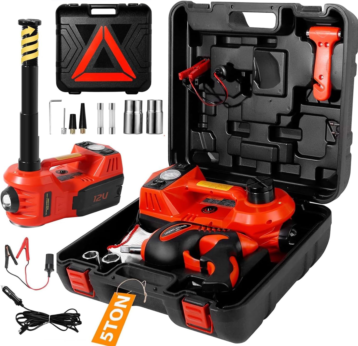 Electric Car Jack Kit 5 Ton 12V Floor Jack with Impact Wrench and Tire Inflator Pump Portable Hydraulic Car Jack for SUV Sedans Tire Change with LED Light, Lifting Height 6 to 17.7 Inch