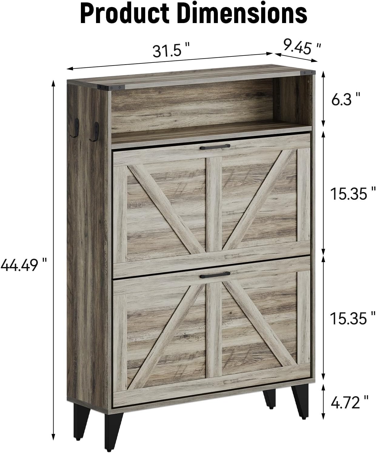 GarveeHome Freestanding Shoe Cabinet, 2 Flip Drawers Front Door Shoe Rack with Adjustable Shelf & Metal Legs, Shoe Rack for Front Door Entrance, Entryway, 31.5 in D x 9.45 in W x 44.49 in H, Gray
