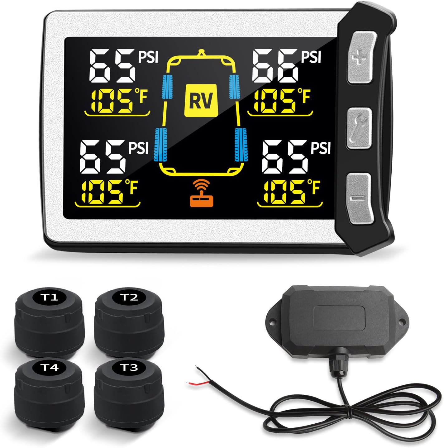 RV/Trailer Tire Pressure Monitoring System, Tire Pressure Monitor with Color LCD Display, TPMS with 4 Sensors for Travel Trailer/5th Wheel/Camper, 0-87PSI with 120ft Transmission Distance