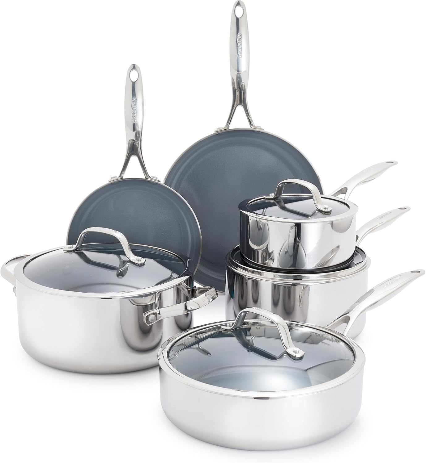 GreenPan Valencia Pro Stainless Steel 10 Piece Cookware Pots and Pans Set, Induction Suitable Mirrored Tri-Ply, Ceramic Nonstick PFAS-Free Coating, Multi Clad, Dishwasher Oven & Broiler Safe