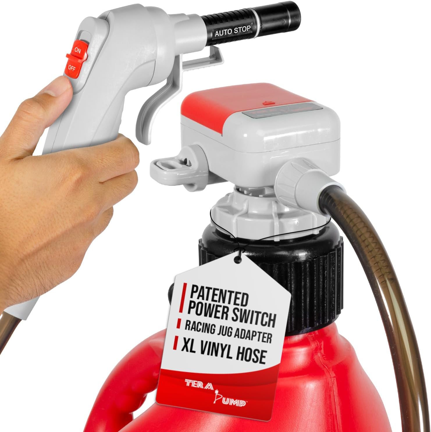 TERA PUMP - Next Gen Auto Stop Fuel Pump - 3x Protection w/Power Switch Nozzle, 4.25-ft XL Vinyl Hose, Flexible Intake Hose, Built-In Adapter (+ Utility Jug Adapter), for Gasoline, Diesel (2.3 GPM)
