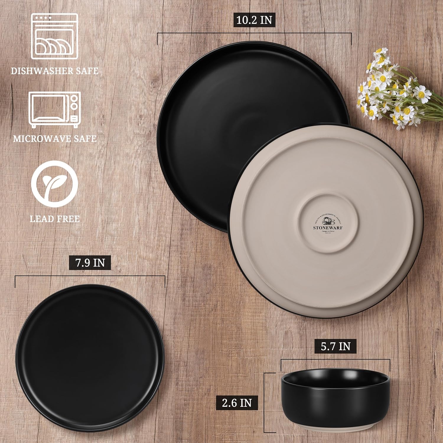 HaWare Stoneware Dinnerware Sets, 18-Piece Plates and Bowls Set for 6, Dishes Set for Home Restaurant, Frosting Black