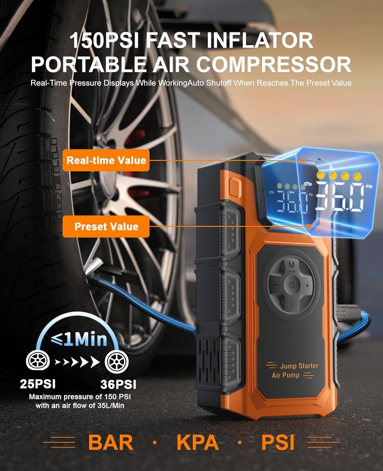 Tire Inflator Portable Air Compressor, 150 PSI Cordless Mini Air Pump for Car, Motorcycle, Bikes, Balls with Pressure Gauge&Auto Shutoff Function, 3500A Car Battery Jump Starter with LED Light