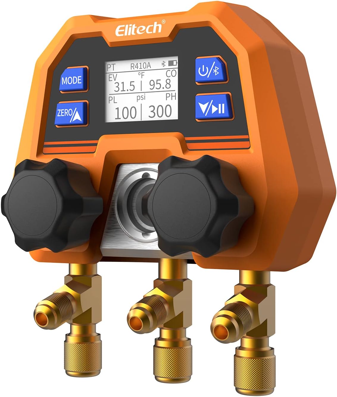 Elitech Digital Manifold Gauge Set for HVAC, Refrigeration & AC Systems, Supports R410A/R454B/R134 etc. Refrigerants, LCD Display, DMG-2SE with 3 Color Hoses & 2 R410A Adapters