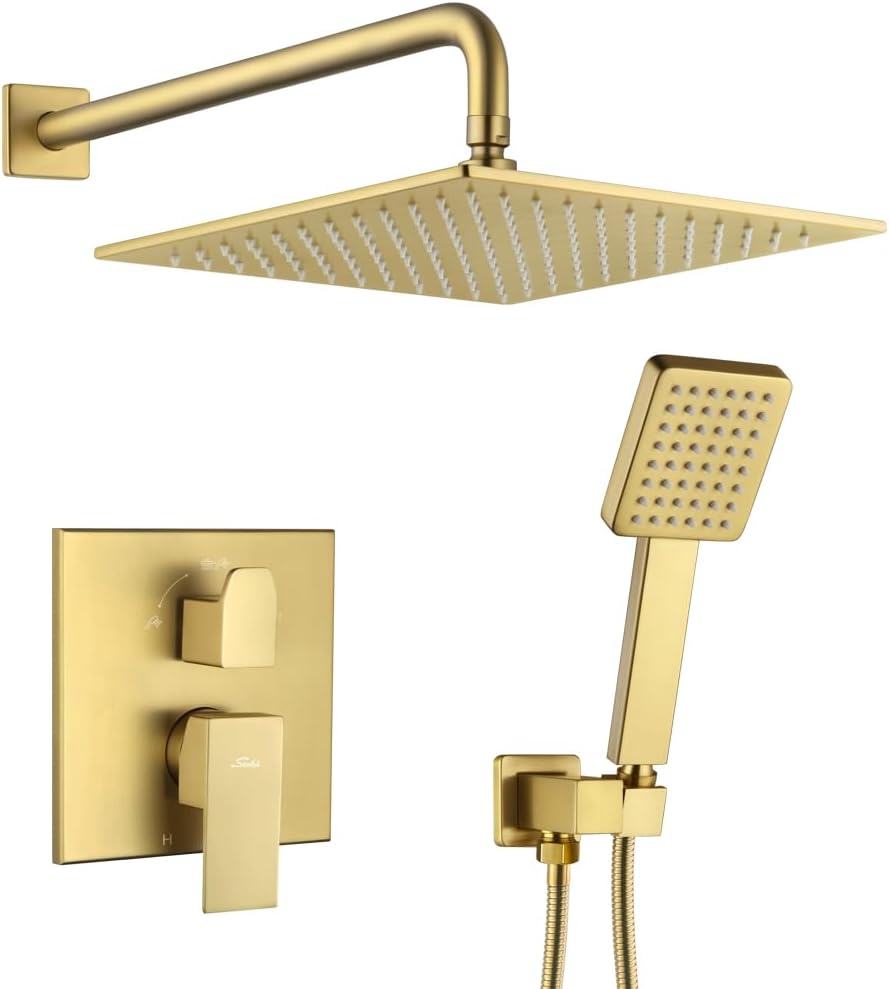12 Inch Rain Shower Faucet Set High Pressure Shower Head and Handle Set Wall Mounted Bathroom Shower System Shower Fixture with Rough in Valve and Trim Kit,Brushed Gold
