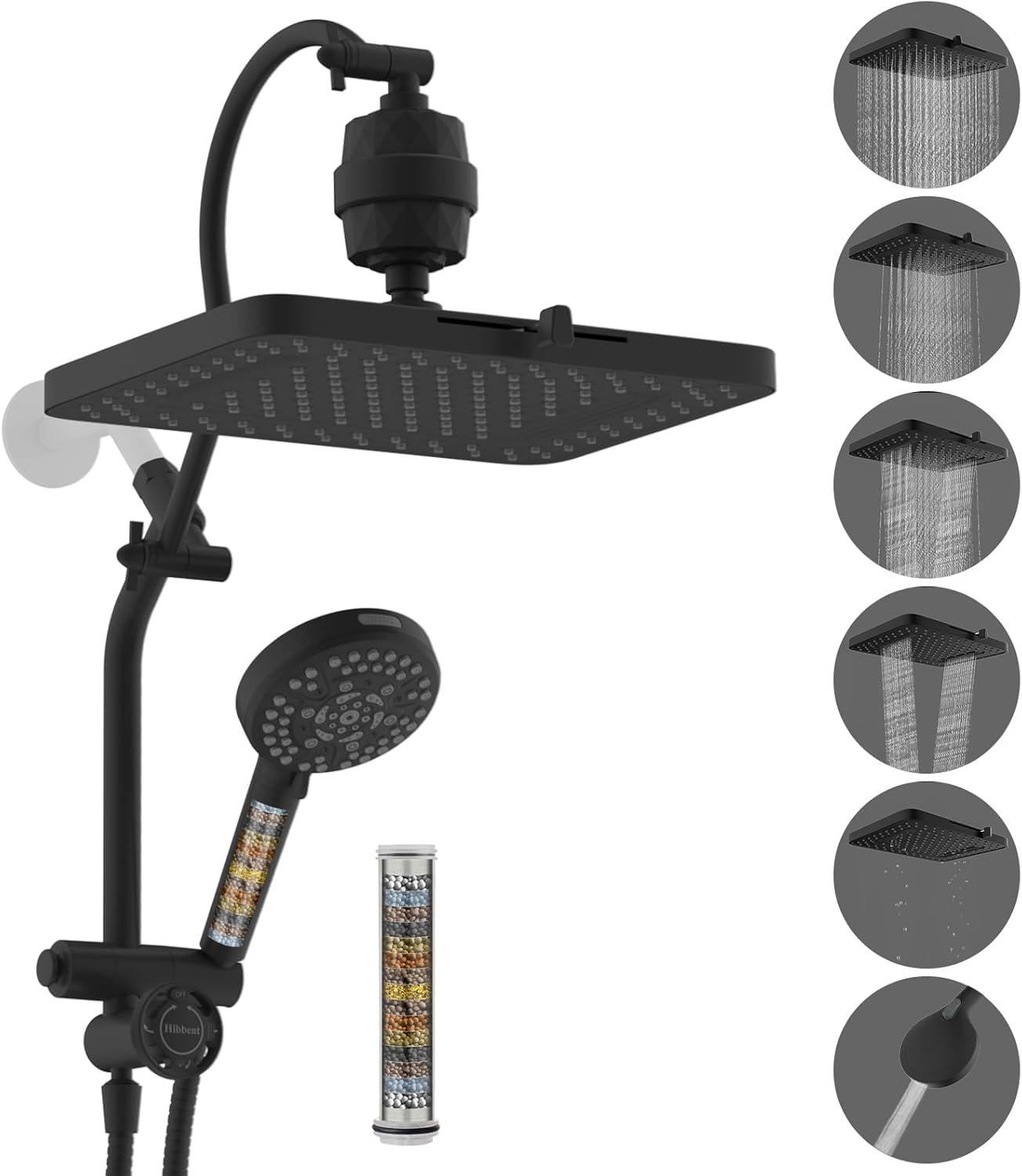 Hibbent Upgraded 13'' Shower Head Combo, High Pressure 5 Spray Rainfall Showerhead, 10 Spray Mode Handheld, All Metal Easy Reach 4-way Diverter Shower Arm with Pause Mode, 71'' Hose and Holder, Black