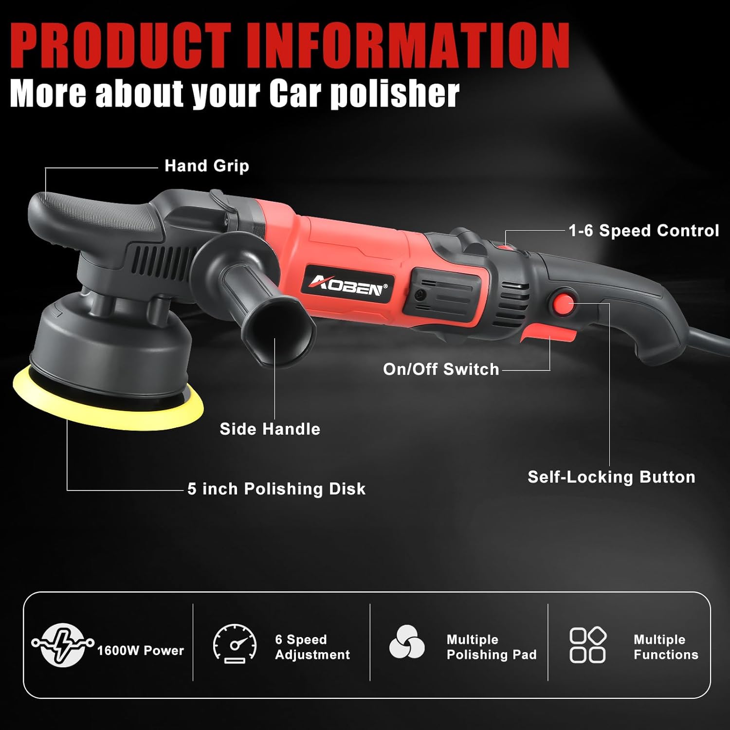 AOBEN Buffer Polisher,5 inch Dual Action Polisher,Long Orbit 16mm Random Buffer Polisher kit with 6 Variable Speed 1000-5500rpm,Detachable Handle,7 Buffing Pads for Car detailing Polishing and Waxing