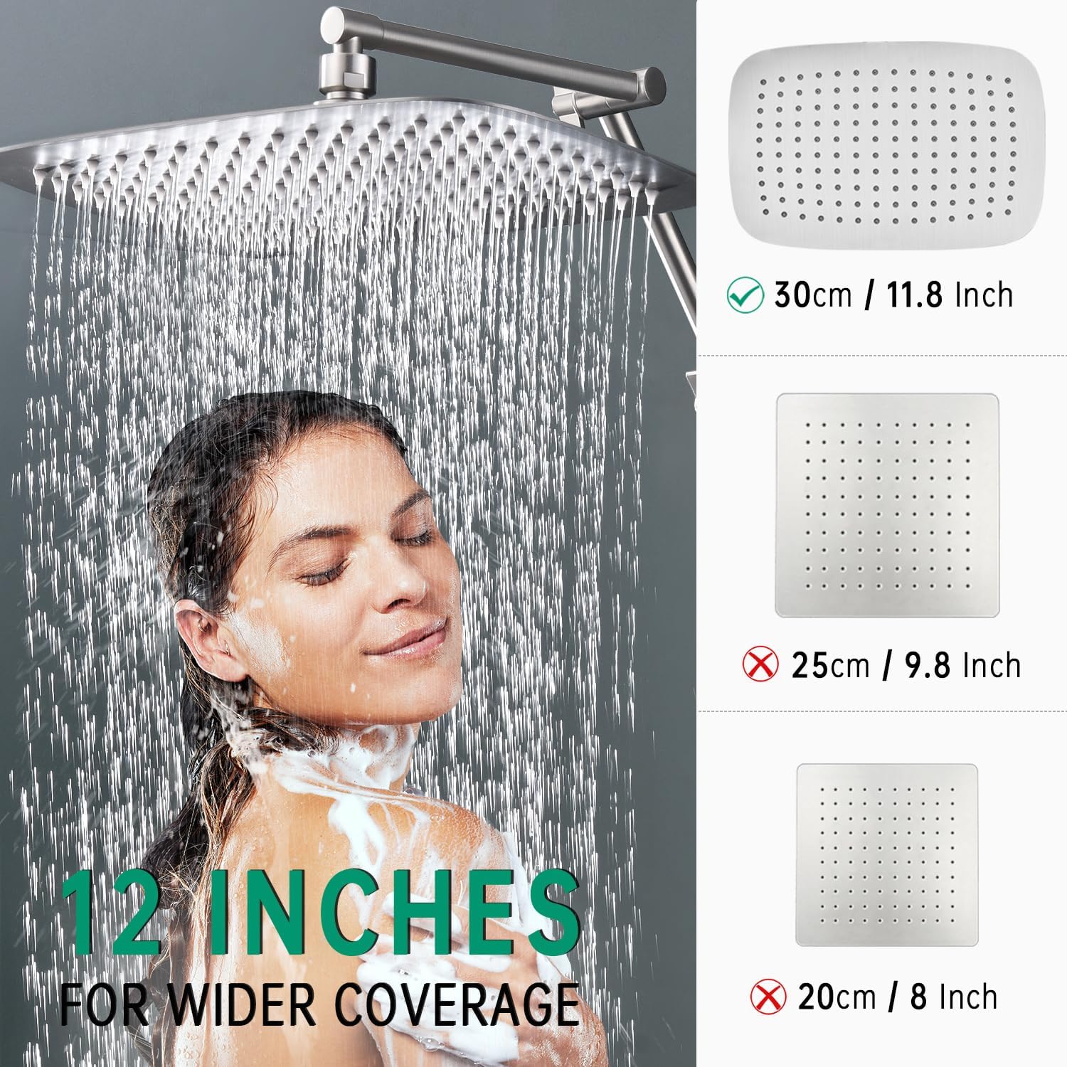12 Inches Metal Shower Heads with Multifunction Handheld Spray Combo, Rain Shower Head Combo with 3 Way Metal Diverter, 13 Inch Adjustable Extension Arm and Extra Long Hose(Brushed Nickel)