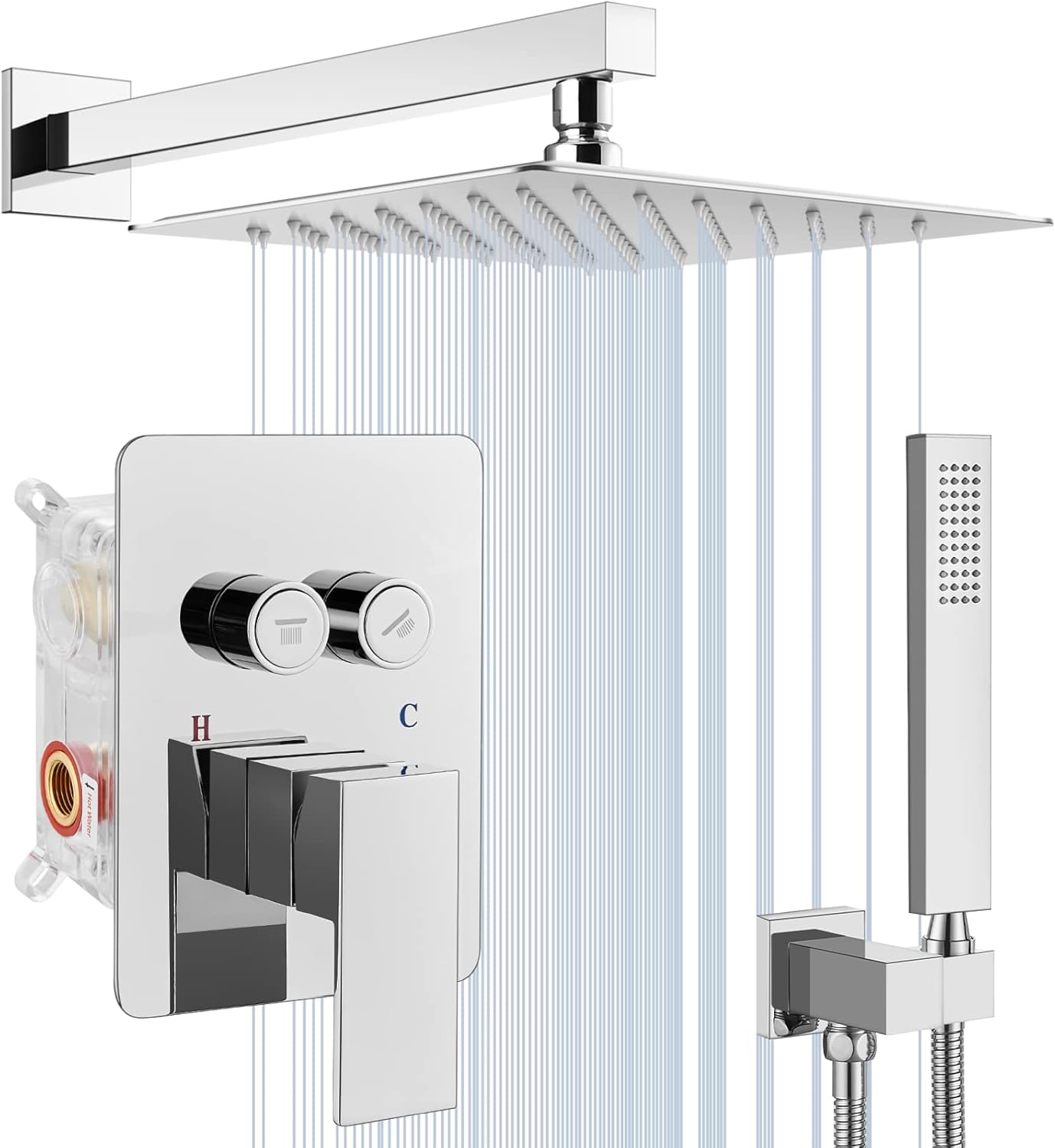 Midanya Rain Shower System Square Rainfall Shower Head Wall Mount Shower Faucet Set with Hand Sprayer Rough-in Valve Trim Kit Bathroom Mixer Shower Combo Set,10 Inch Push Button,Polish Chrome