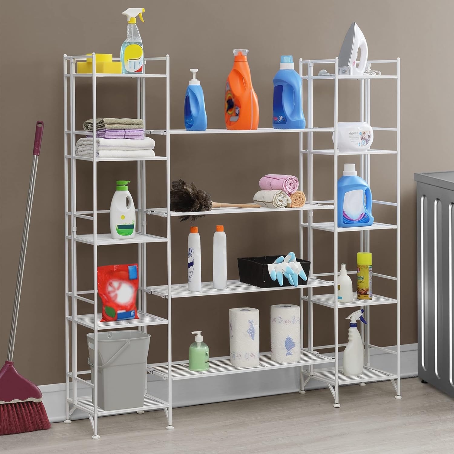 Convenience Concepts Xtra Storage Shelves - 5 Tier Folding Metal Shelving with Set of 4 Deluxe Extension Shelves - Modern Shelves for Storage and Display in Living Room, Bathroom, Office, White