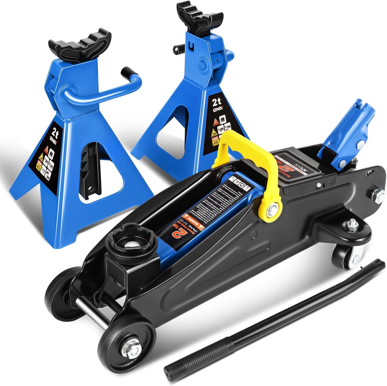 DNA MOTORING Low Profile Hydraulic Trolley Service/Floor Jack Combo with 2 Ratchet Jack Stands, 2 Ton (4000 lbs) Capacity, Red/Black, TOOLS-00280
