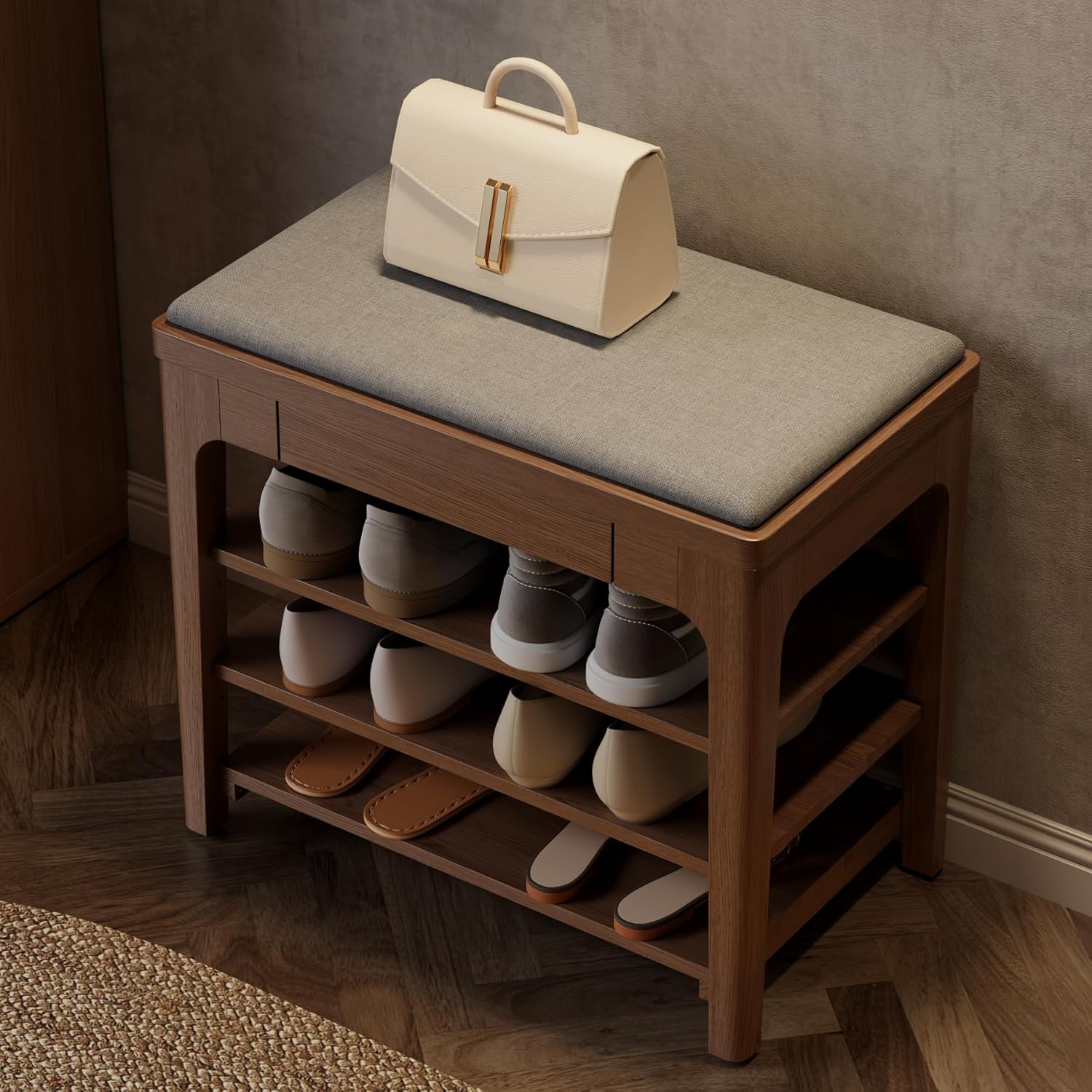 Small Shoe Bench with Storage, Wooden Shoe Storage Bench with Cushion&Hidden Drawer, 3-Tier Shoe Rack Bench for Entryway, Mudroom, Hallway