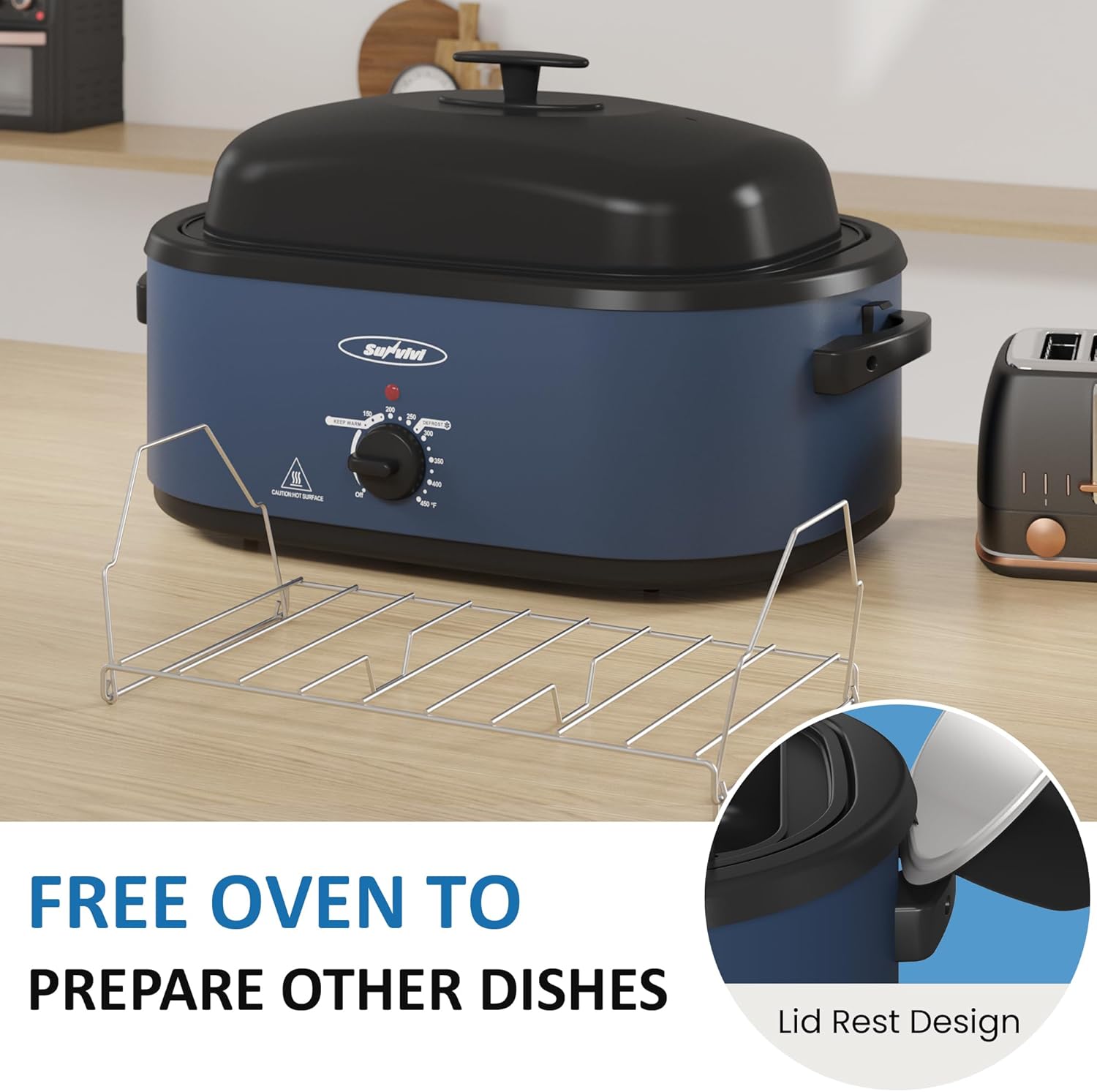 Sunvivi 20QT Roaster Oven, Electric Roaster with 3 Compartments, Turkey Roaster Oven with Self-Basting Lid, Removable Pan & Rack, Defrost & Warm Function, Fit Turkey Up to 24LB, Stainless Steel, Blue