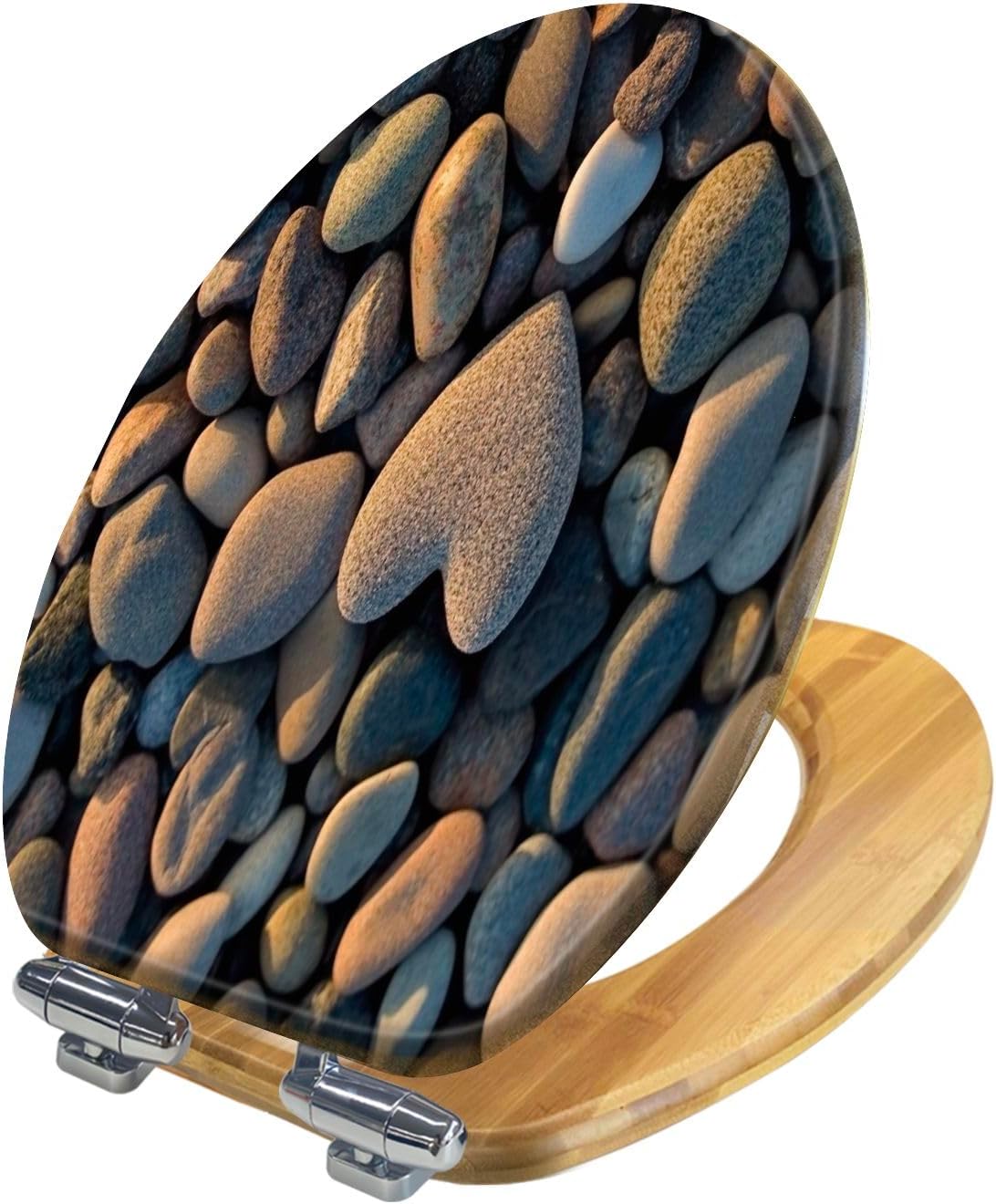 Elongated Toilet Seat Wood Toilet Seat with Cover Heart shaped stone Easy to Install Quietly Close Quick Release Hinges Decorative Bathroom Decor