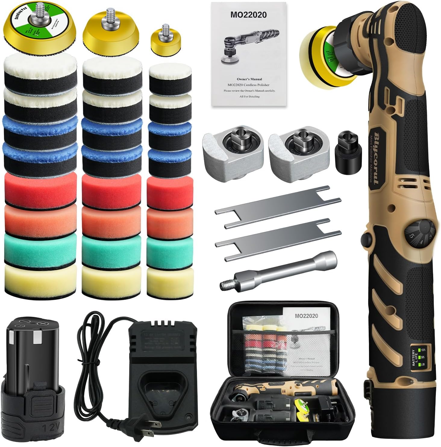 Cordless Mini Polisher,1/1.5/2Inch,DA&RO with 11 Variable Speed 2500-6000 RPM,2 * 2.3Ah Rechargeable Batteries,Car Detailing Micro Polisher