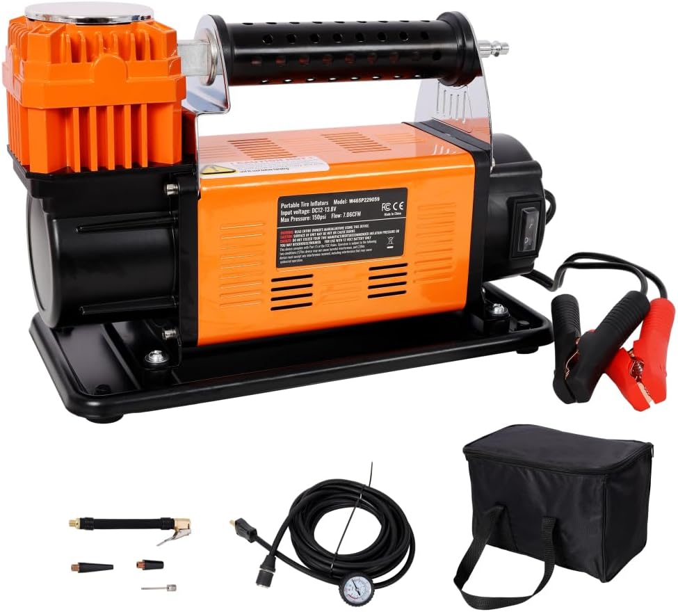 Portable Inflator Homonova, Air Compressor Kit, 12V Heavy Duty Tire Inflator with Pressure Gauge, Max 150 PSI 7.06 CFM, 26FT Air Hose and Carry Bag, Quick Inflation for Car SUV RV Truck (Single)