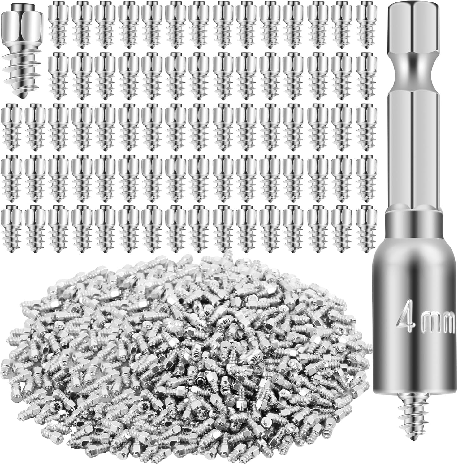 800pcs Carbide Screw Tire Studs Anti Slip Snow Tire Studs Wheel Tyre Anti Ice Snow Spikes for SUV/tractor/ATV/UTV/motorcycle, with Installation Tool (4x9mm,Silver)