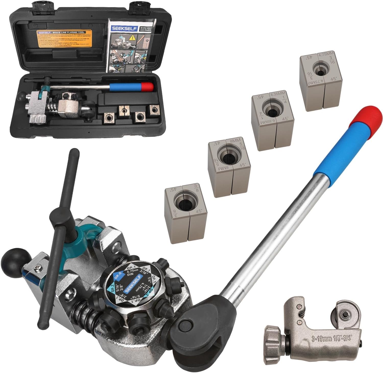 Brake Line Flaring Tool Kit for 45 Degree Single, Double and Bubble Flares, 3/16