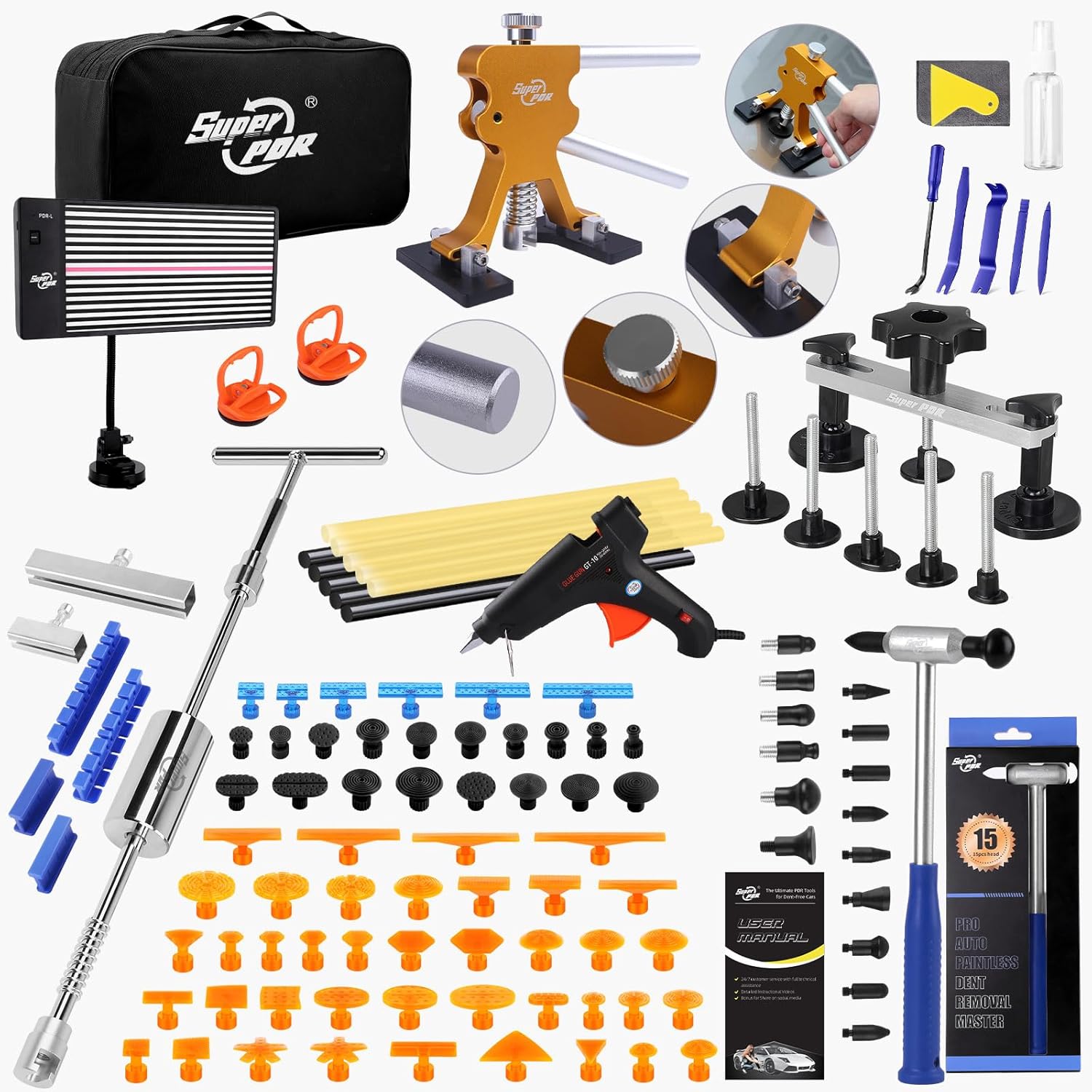 Super PDR Paintless Dent Repair Kit, Dent Puller Kit, Car Dent Removal Tools with Dent Lifter，Bridge Puller，Slide Hammer 2 in 1 T-Type Slide Hammer for Repair Door Ding, Creases and Hail Damage