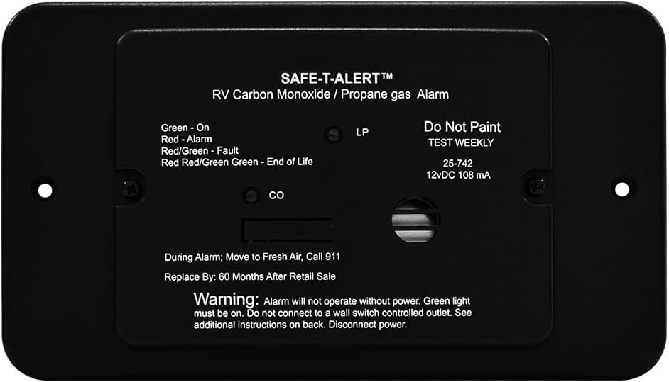 Safe-T-Alert Dual Gas Detector | Black Flush Mount for CO and Propane | 12V DC Hardwired with LED Beeping Alert - Trim Ring Included