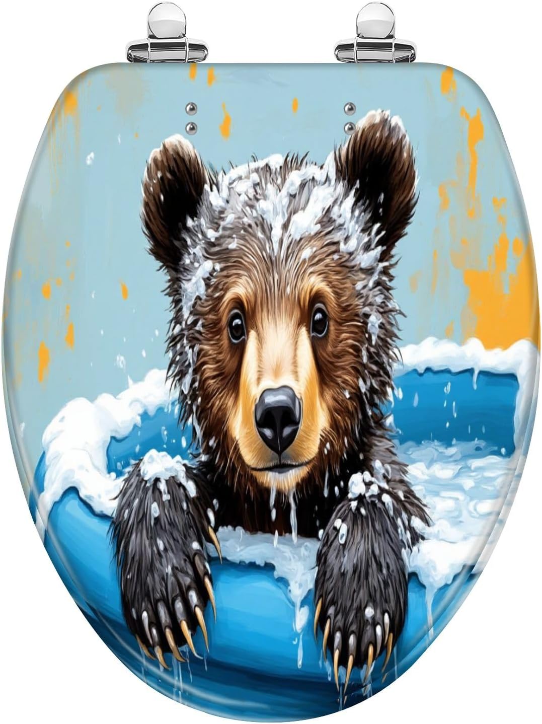 Round Toilet Seat Funny Black Bear Rustic Farmhouse Animal Bear Shower Water Fur Nature Resin Toilet Seat Slow Quiet Close Lid with Quick-Release Hinges Cover Bumpers Easy to Clean Install