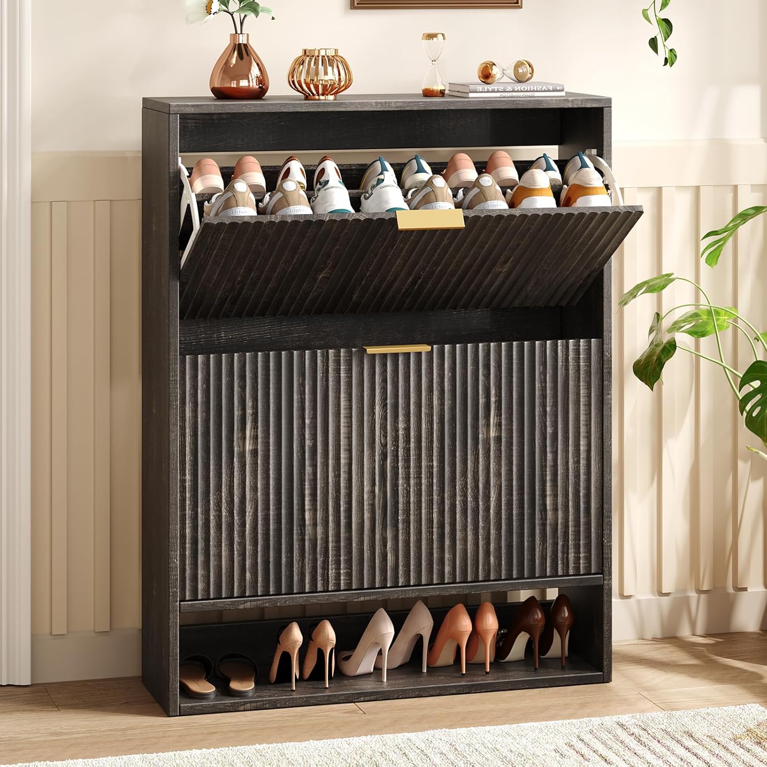 31.5''W Oak Shoe Storage Cabinet for Entryway with 2 Flip Drawers, Narrow Wood Fluted Shoe Rack Cabinet,Freestanding Slim Shoe Organizer Cabinet for Foyer, Hallway