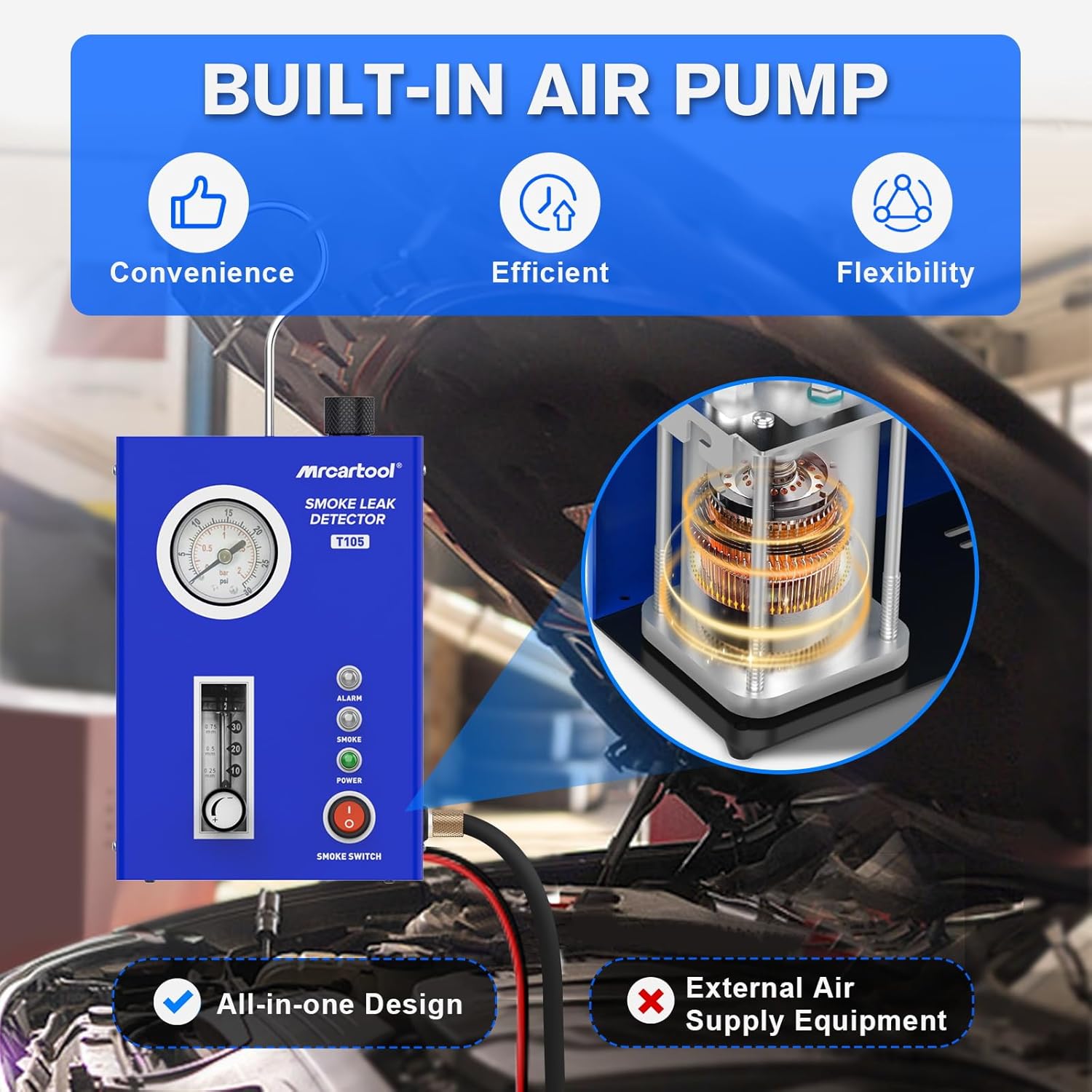 T105 Automotive Smoke Machine Leak Detector, Smoke Tester with Built-in Air Pump and Pressure Gauge, Vacuum Diagnostic Detector Tools Kit for 12V DC Cars
